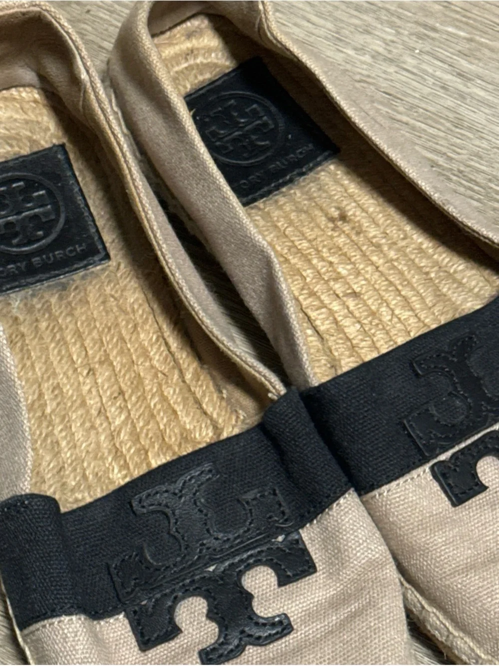 Tory Burch Beige Canvas Espadrille Flats with Black Logo Band
